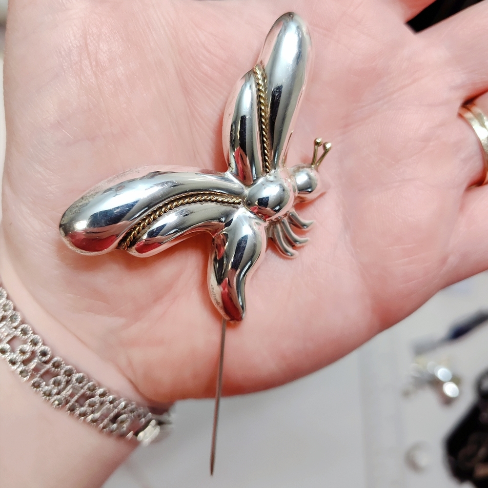 Vintage Taxco LARGE Sterling Silver Puffy Firefly Necklace Pendant Brooch Pin - Picture 5 of 11